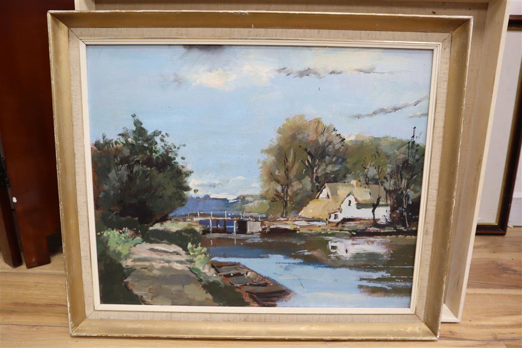 Modern British, oil on board, River landscape with a weir, 44 x 55cm
